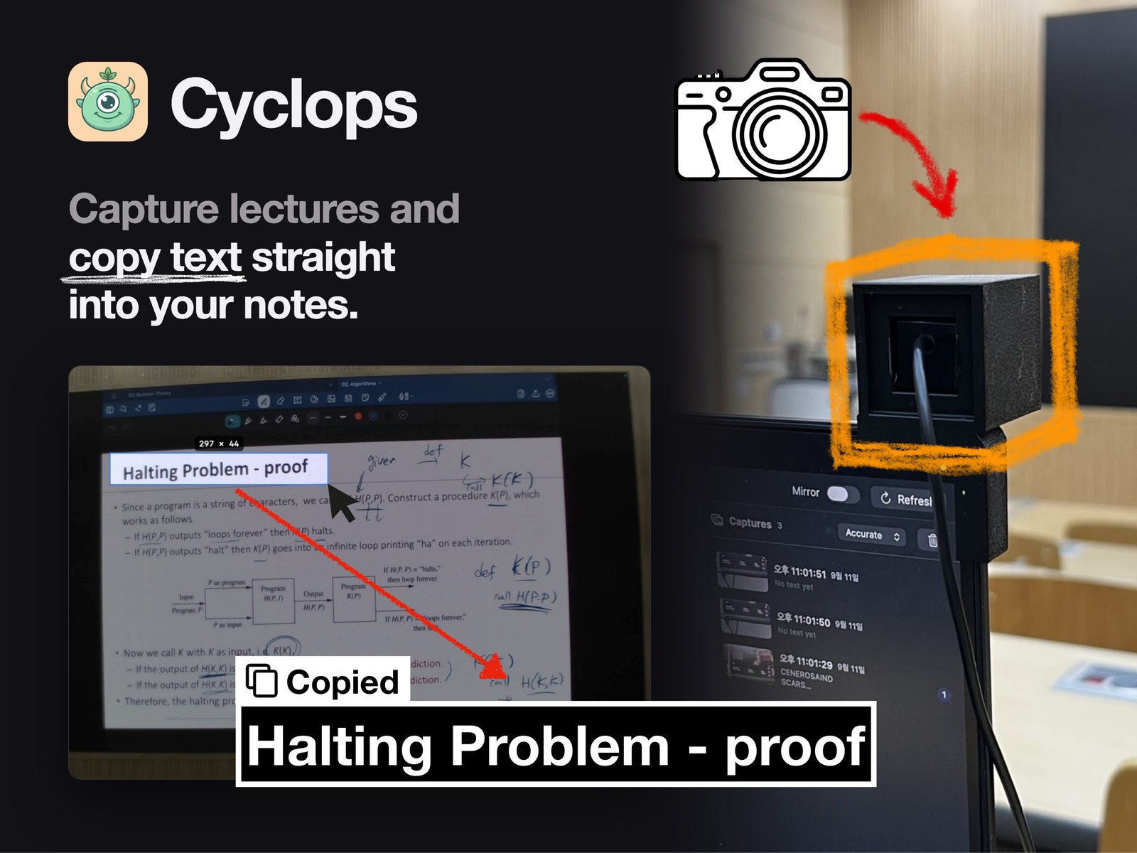 A small black printed cube clipped to the top right corner of a MacBook lid in an empty lecture hall, a USB cable running down from it, the large dark board at the front of the room behind it