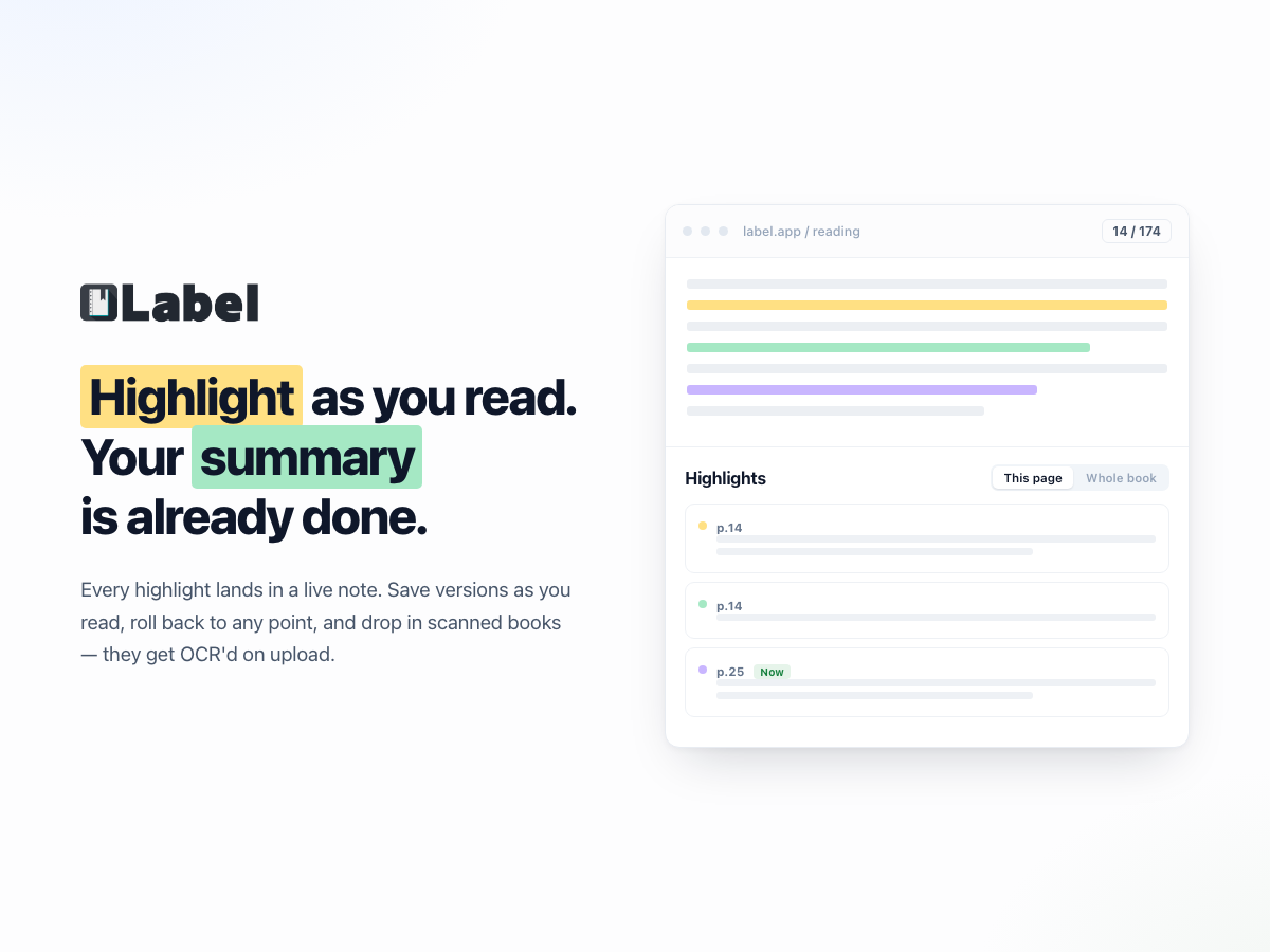 Label reading view: a book page with coloured highlights, beside a highlights panel listing each one by page number