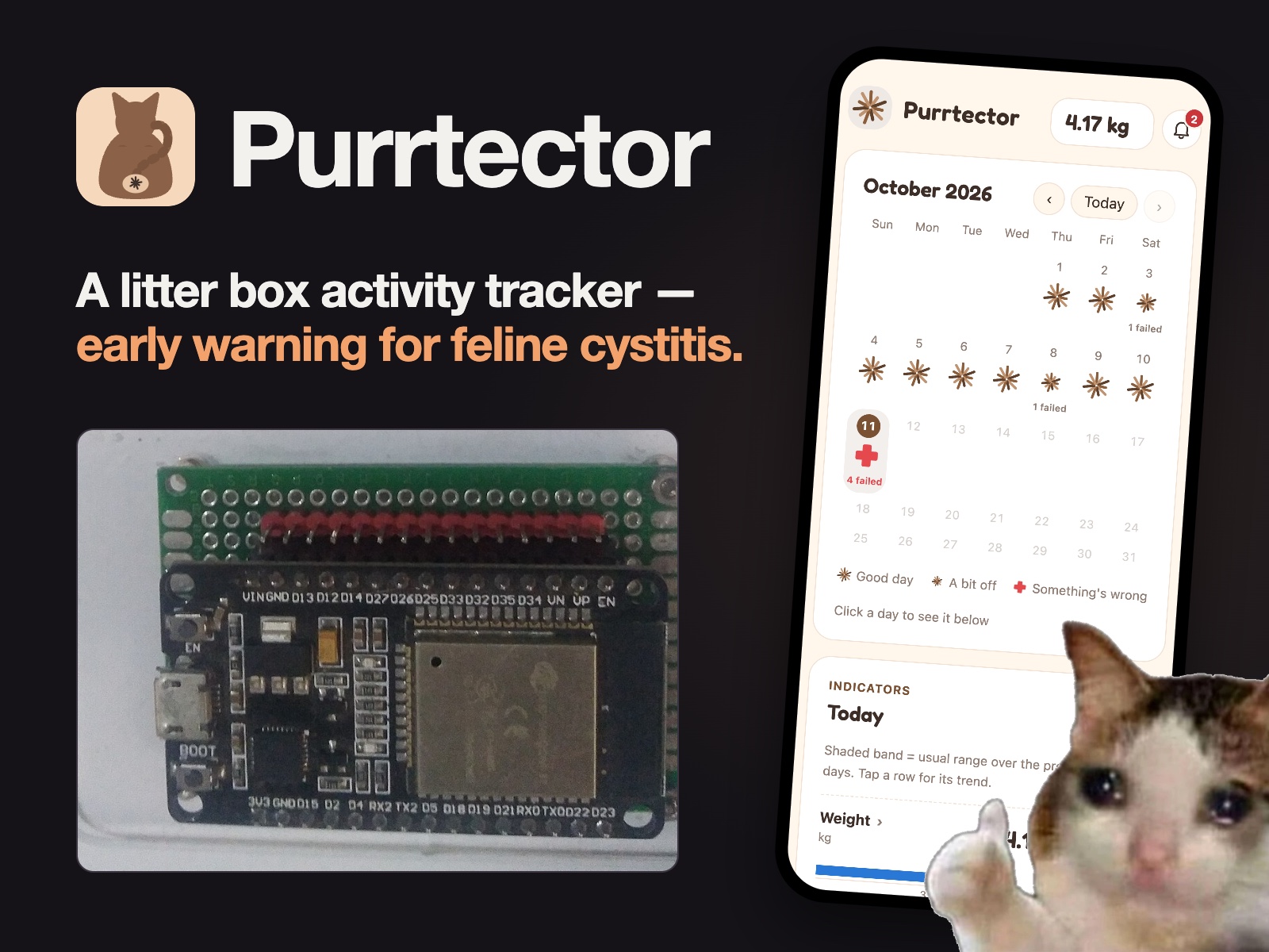 Purrtector, a litter box activity tracker and early warning for feline cystitis: the cat-from-behind logo, an ESP32 board, and the phone dashboard's October calendar with a red cross on today, with a crying cat giving a thumbs up in the corner